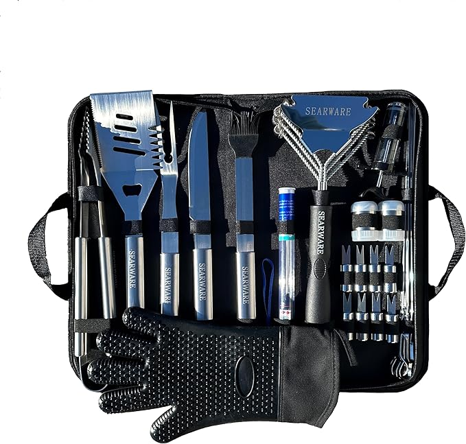 Barbecue Grill Tool Set - Stainless Steel - Strong Durable Design - Heat Resistant Glove & Bristle Free Grill Brush - Thermometer, Meat Injector, & Corn Skewers - Perfect For Smokers & Grills-VerdiqueGarden