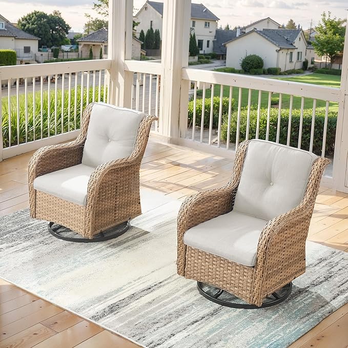 Outdoor Swivel Rocker Patio Chairs - 360 Degree Swivel Glider Seating 350LBS Weight Capacity Wicker Rocking Chairs Set of 2 with Removable Cushion for Porch Balcony Deck, Yellow/Beige-VerdiqueGarden