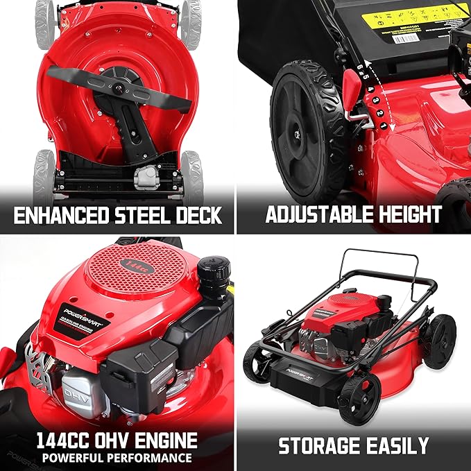 PowerSmart 21-Inch 144cc Gas Push Lawn Mower & 16-Inch 25.4cc String Trimmer/Edger with 10-Inch Brush Cutter for Grass Cutting-VerdiqueGarden