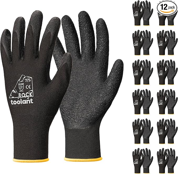 toolant Crinkle Latex Work Gloves Bulk, Rubber Coated Safety Work Gloves for Men and Women, 12 Pairs for Construction, Gardening, Warehouse (Black, Small)-VerdiqueGarden