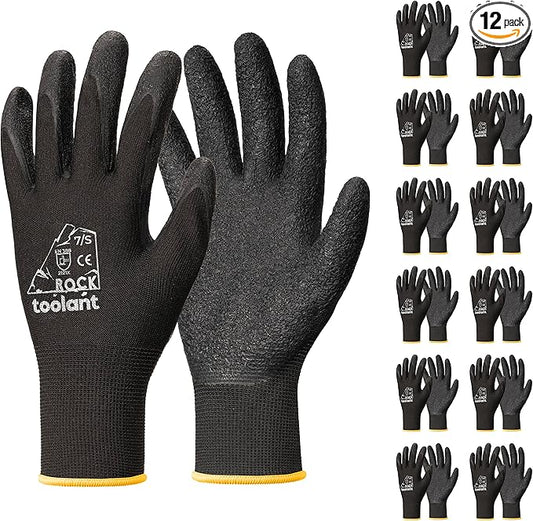toolant Crinkle Latex Work Gloves Bulk, Rubber Coated Safety Work Gloves for Men and Women, 12 Pairs for Construction, Gardening, Warehouse (Black, Small)-VerdiqueGarden