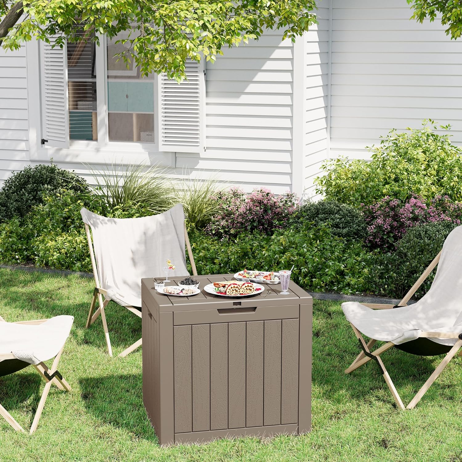 32 Gallon Deck Box Lockable Resin Indoor Outdoor Storage Box waterproof Outdoor Container for Patio Furniture, Pool Accessories, Cushions, Garden Tools, Sports Equipment-VerdiqueGarden