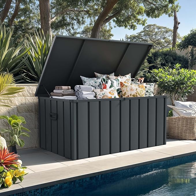 PURPLE LEAF Outdoor Deck Box 150 Gallon Waterproof Lockable Storage Box Container with Lid Deck Organization for Patio Cushions Side Table Pool Accessories Garden Tools, Gray-VerdiqueGarden