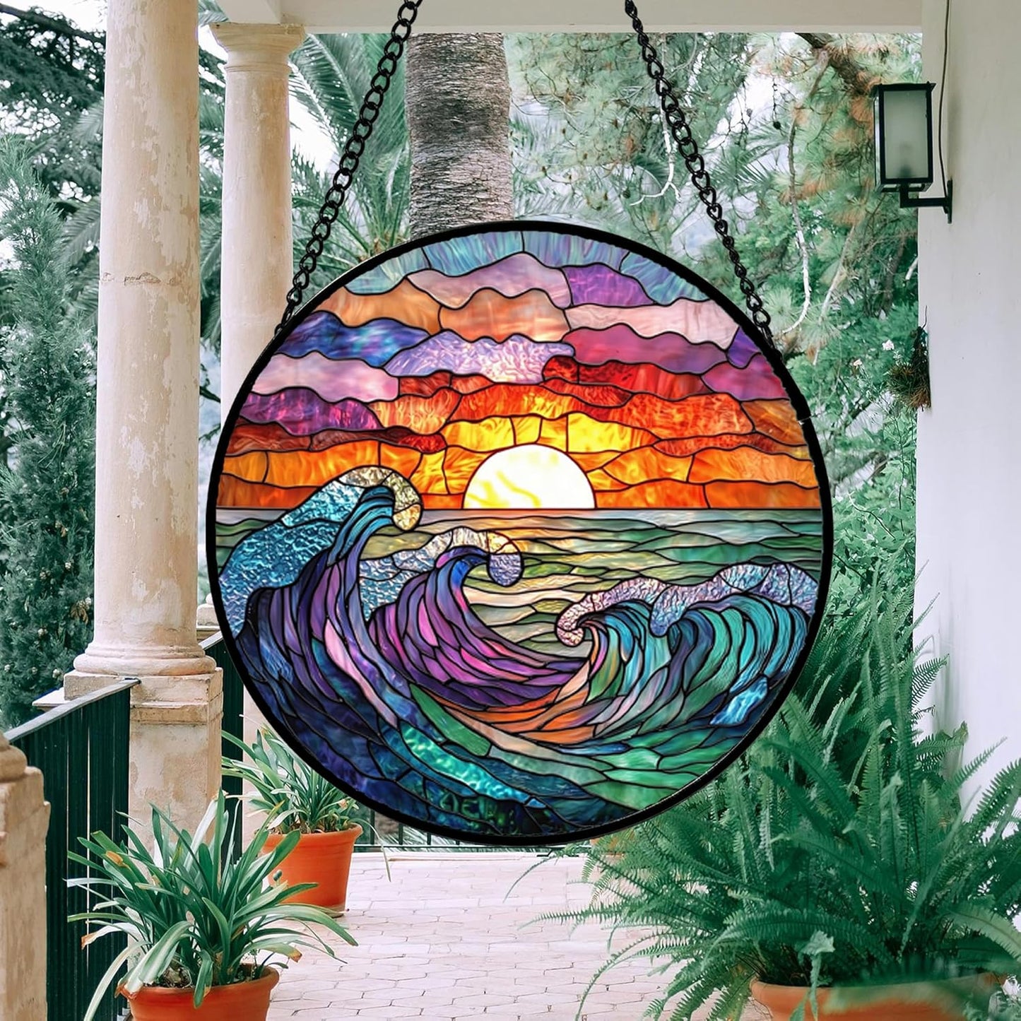 Stained Glass Window Hanging, Clouds and Sea Waves Suncatcher Diamond Glass Panel Hangings Scenery Sun Catchers Decor for Birthday for Women, Men, Wife, Aunt, and Mom 14.9 in-VerdiqueGarden