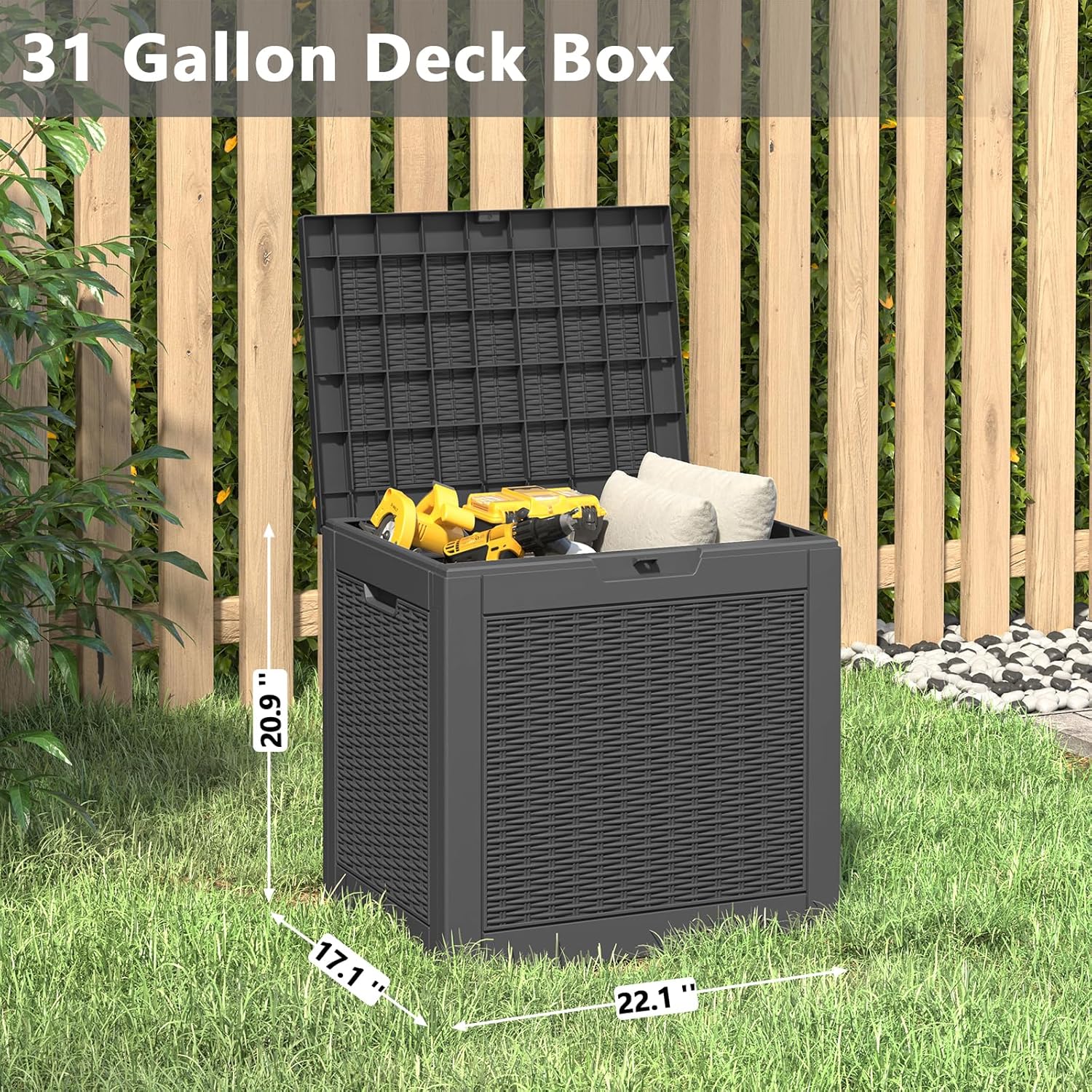 Deck Box, 31 Gallon Resin Outdoor Storage Box, Waterproof and UV Resistant Lightweight Storage Deck Box for Garden Tools, Supplies-VerdiqueGarden