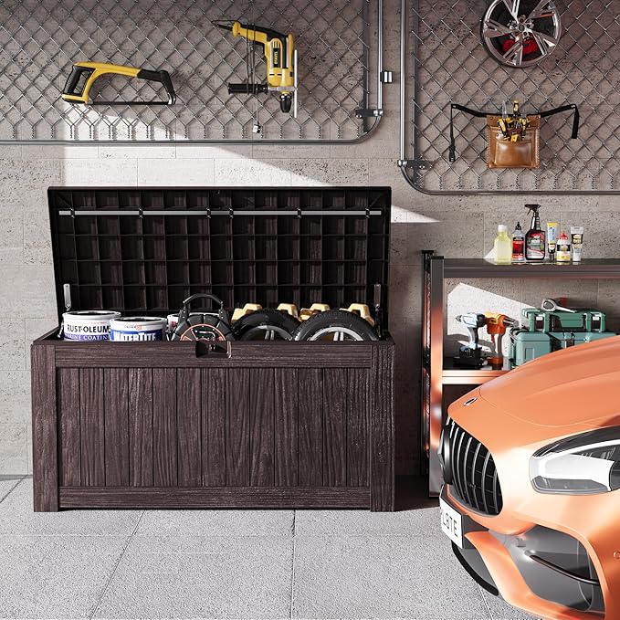 Greesum 120 Gallon Outdoor Storage Box with Lock - Large Resin Deck Box, Reinforced Lid for Garden, Patio, Lawn, Brown-VerdiqueGarden