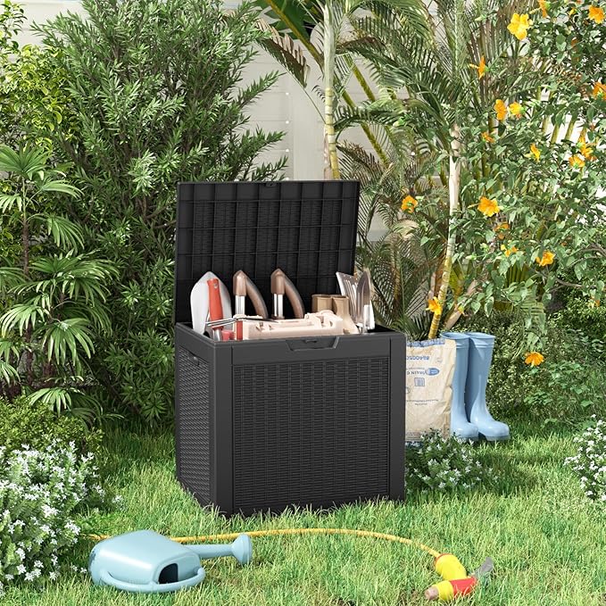 30 Gallon Resin Deck Box, Lockable Patio Outdoor Storage Box for Furniture, Garden Tools and Tools Storage, Waterproof Outside Storage Boxes - Black-VerdiqueGarden