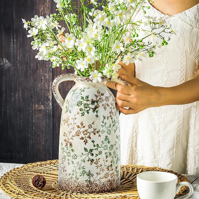 Enra Large Vintage Green and Beige Ceramic Chinoiserie Floral Vase, 11.2 Inch Rustic Decorative Flower Vase for Home, Living Room, Kitchen, or Office – Pastoral Retro Design-VerdiqueGarden