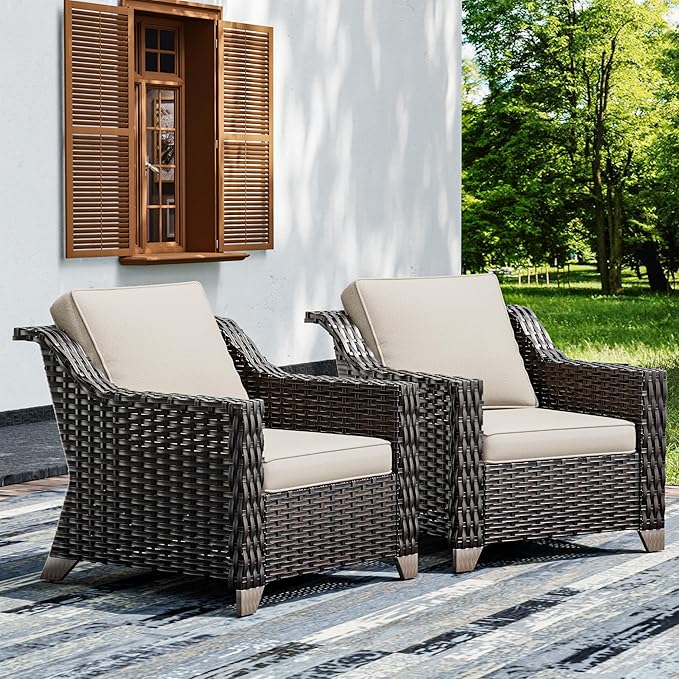 Joyside Wicker Patio Chairs Set of 2, Outdoor Rattan Furniture with Wide Armrest and Thick Cushions, Upgraded Large Size for Backyard, Garden, Poolside-VerdiqueGarden