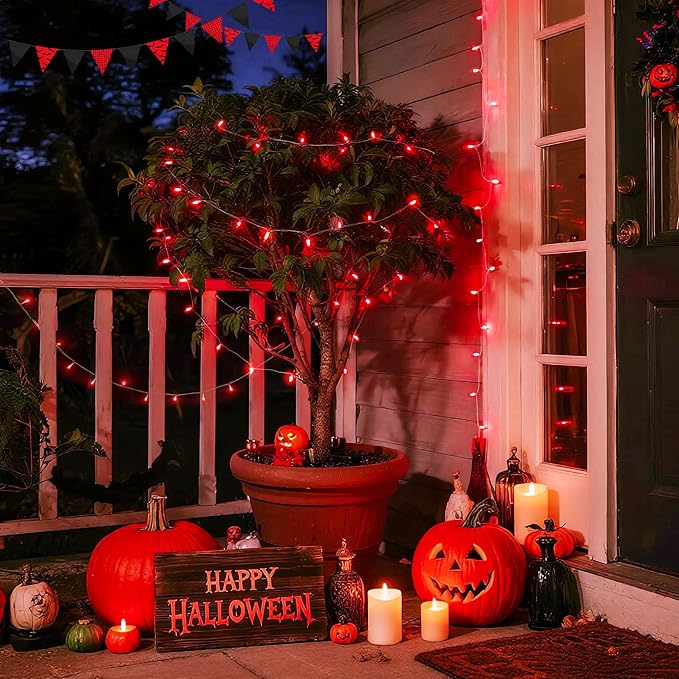 JMEXSUSS 33ft 100 LED Red Halloween Lights, 8 Modes Room String Light Indoor Plug-in, Clear Wire Red Christmas Lights Outdoor Waterproof for Halloween Bedroom, Party-VerdiqueGarden