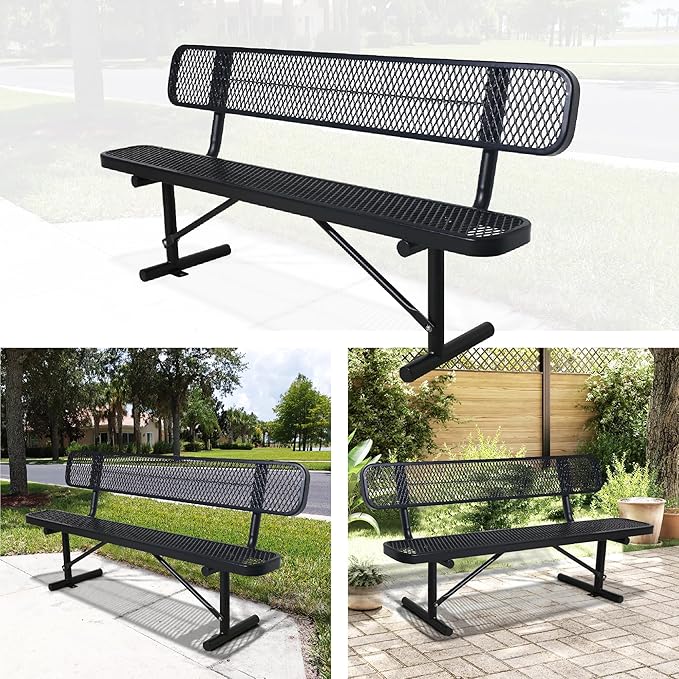 8 FT Heavy Duty Metal Park Bench for Outside, Black Bench with Backrest,4-6 Person Seat, Outdoor Commercial Metal Mesh Benches for Shopping Mall, Lawn, Park, Deck, Garden, Patio, Porch-VerdiqueGarden