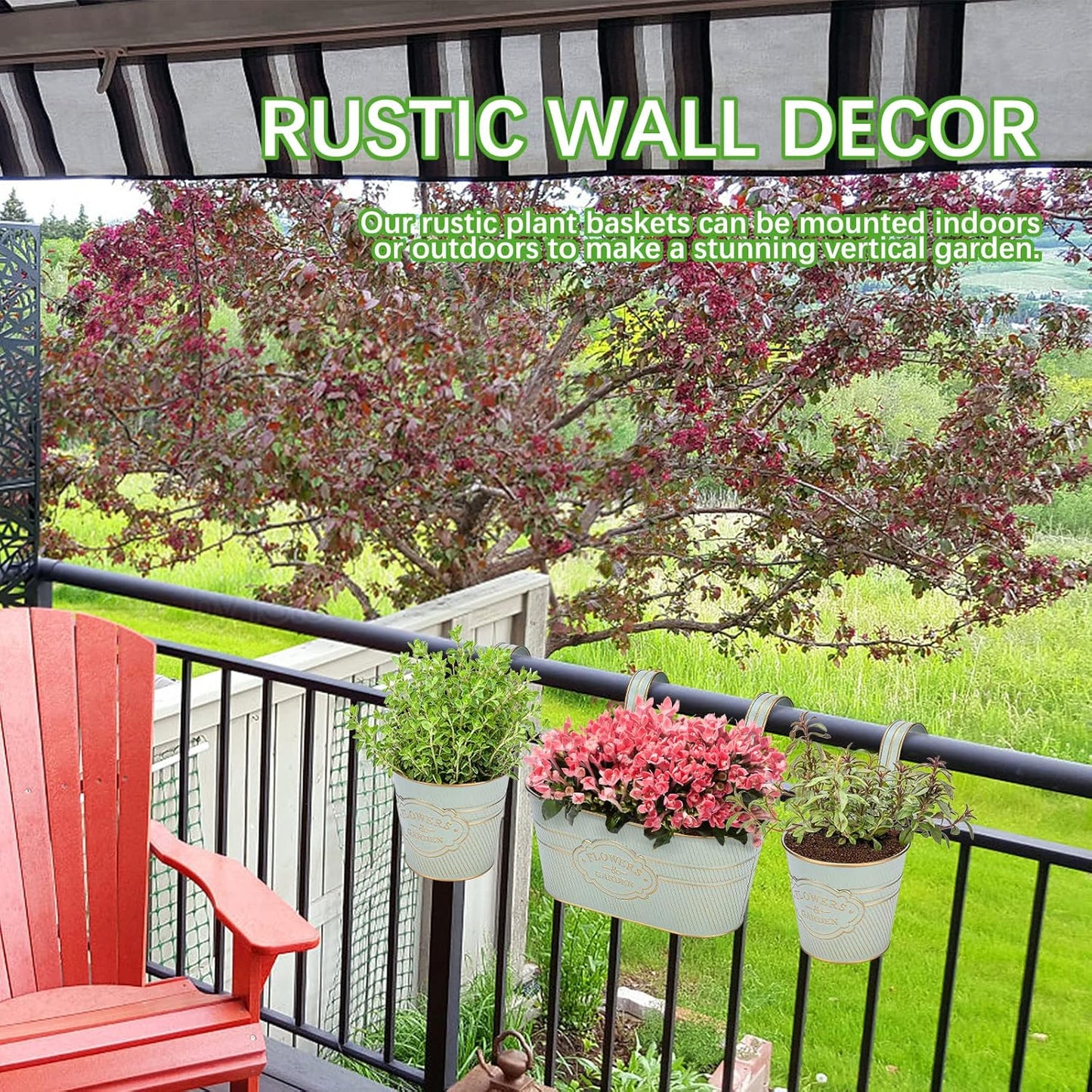 PerGar Vintage Metal Iron Wall Hanging Flower Pots, Rustic Planter Bucket Herb Flower Plant Holder with Detachable Hooks & Drainage Hole for Railing Fence Balcony Deck Garden Home Decoration, Set of 3-VerdiqueGarden