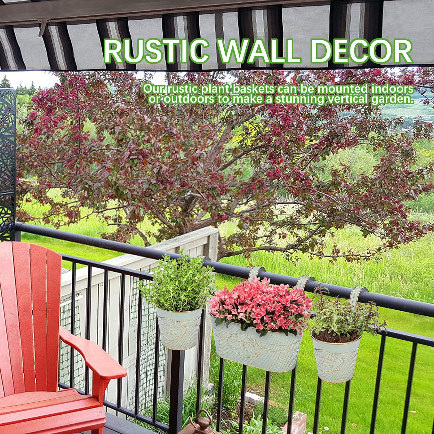 PerGar Vintage Metal Iron Wall Hanging Flower Pots, Rustic Planter Bucket Herb Flower Plant Holder with Detachable Hooks & Drainage Hole for Railing Fence Balcony Deck Garden Home Decoration, Set of 3-VerdiqueGarden