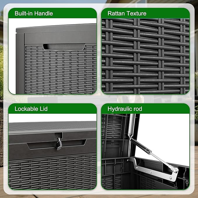 100 Gallon Outdoor Deck Box,Storage Lockable Waterproof Patio Furniture,Garden Tools,Cushions,Pool Accessories Outside Storage Resin Box(Black)-VerdiqueGarden