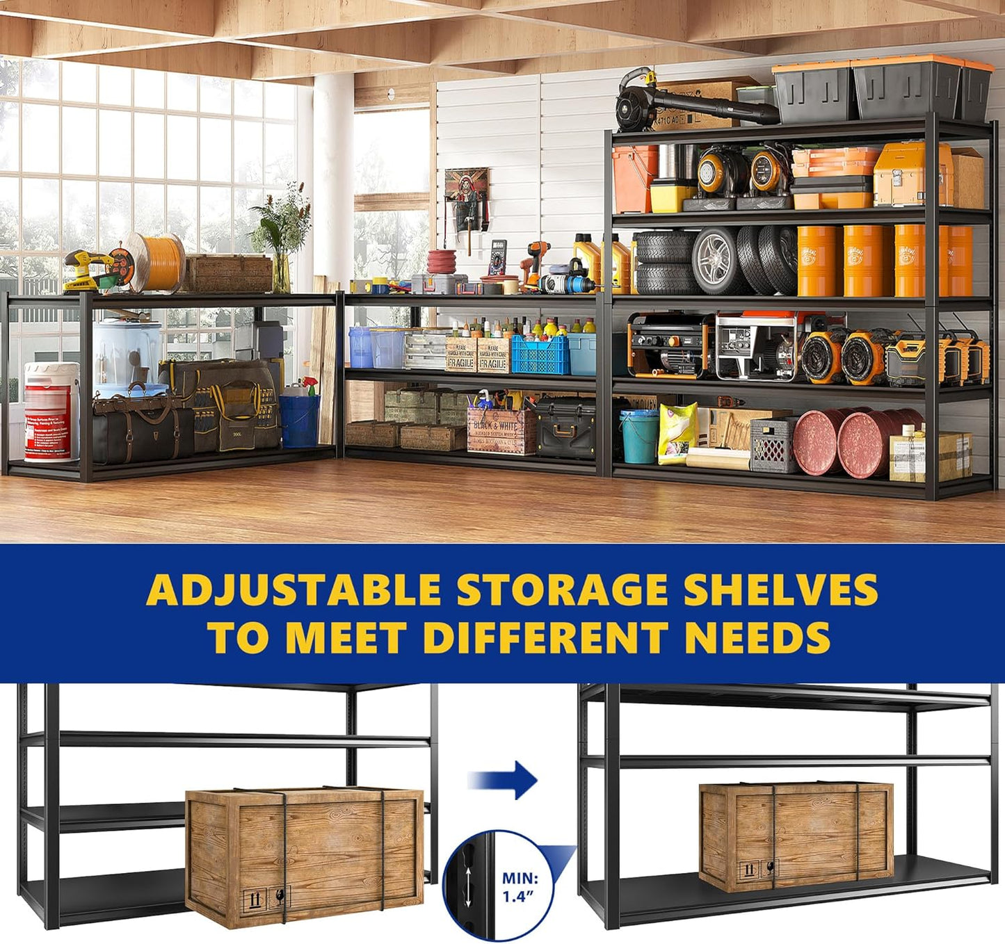 REIBII Garage Shelving 48.2" W Storage Shelves 3000LBS Metal Shelving Heavy Duty Adjustable Metal Shelf 5 Tier Pantry Shelves for Basement Warehouse Supermarket 72.2" H x 24.2" D x 48.2" W, 3 Pack-VerdiqueGarden