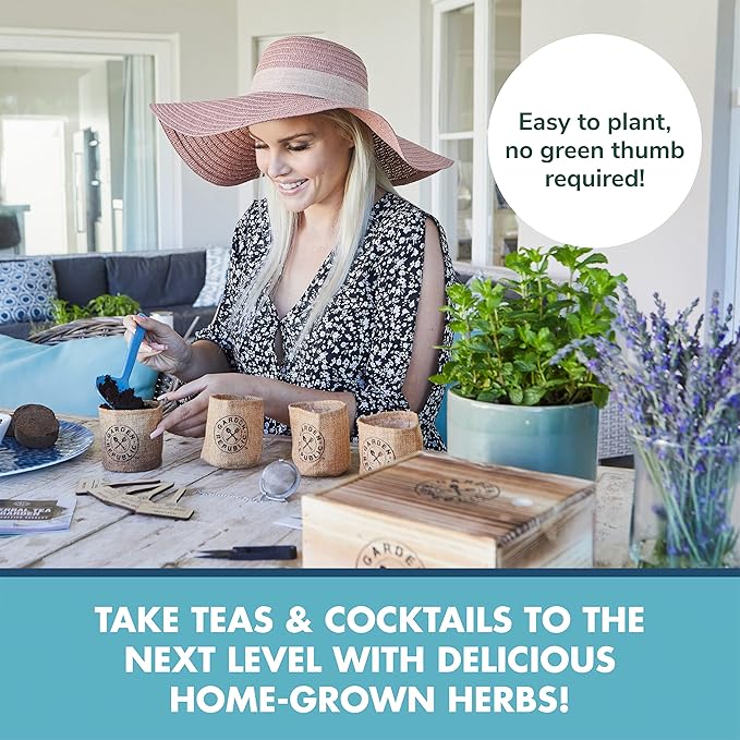 Indoor Herb Garden Seed Starter Kit - Herbal Tea Growing Kits, Grow Medicinal Herbs Indoors, Seeds for Planting, Soil, Plant Markers, Pots, Infuser, Planter Box, Gardening Gifts for Women-VerdiqueGarden