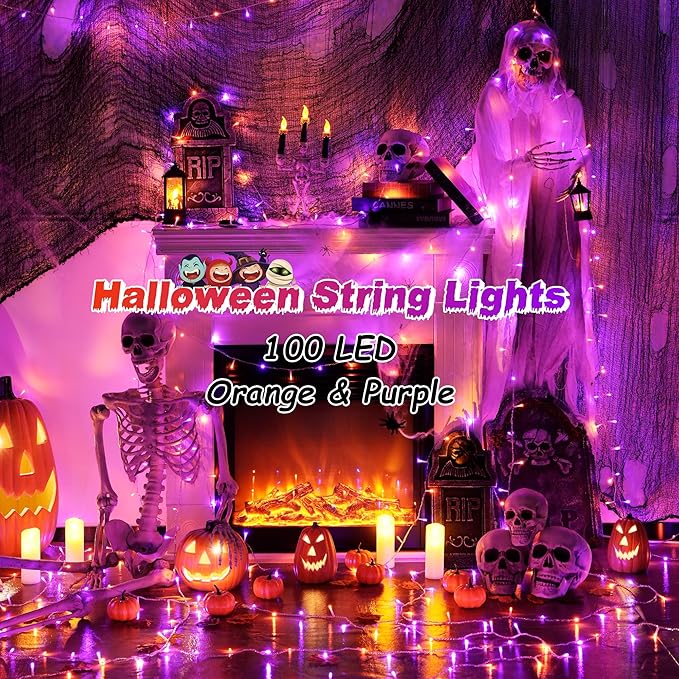 JMEXSUSS 33 FT 100 LED Halloween String Lights Indoor, Orange and Purple Halloween Lights Clear Wire, 8 Modes Outdoor Waterproof Christmas String Light Plug in-VerdiqueGarden