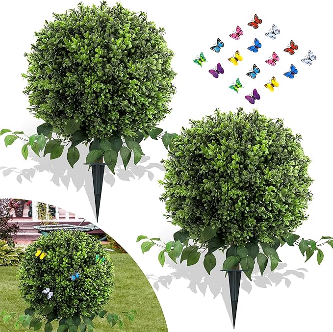 28" Artificial Boxwood Ball Bush, UV Resistant Topiary Tree Faux Boxwood Ball Shaped Porch Bushes with Ground Spike Artificial Bushes for Outdoors Front Door Decor Home Garden-VerdiqueGarden