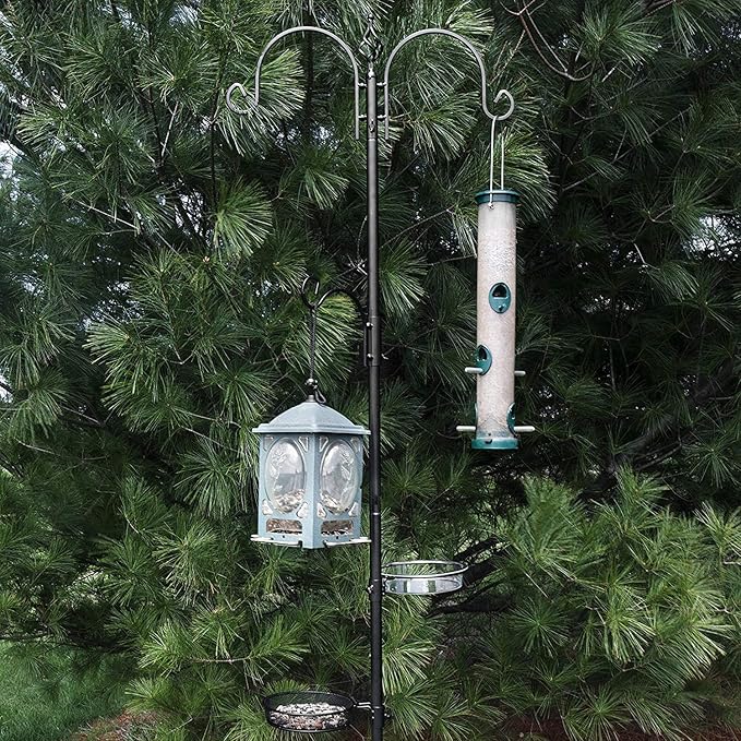 Ashman Deluxe Bird Feeding Station (2 Pack) for Outside - Multi Feeder Pole Stand Kit With 4 Hangers, Bath and 3 Prong Base for Attracting Wild Birds - 22 Inch Wide x 92 Inch Tall-VerdiqueGarden