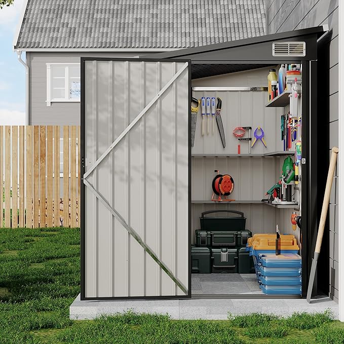 4x8 FT Metal Outdoor Lean to Storage Shed, Lean to Garden Shed Utility Tool Shed, Heavy-Duty Outdoor Metal Wall Side Storage Sheds-VerdiqueGarden