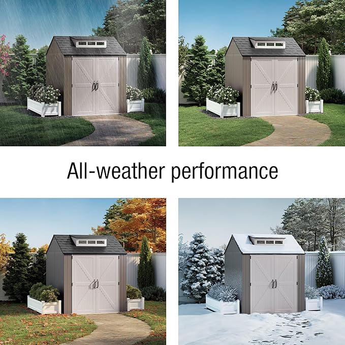 Rubbermaid Large Resin Outdoor Storage Shed With Floor (7 x 7 Ft.), Weather Resistant, Brown, Organization for Home/Lawn Mower/Backyard Equipment/Bike Storage/Pool Supplies-VerdiqueGarden