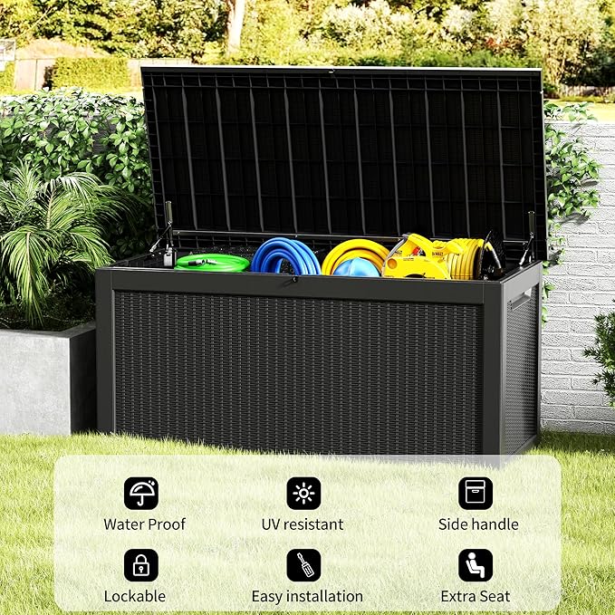 320 Gallon Outdoor Storage Box Waterproof Lockable Resin Deck Box Large, Patio Storage Bin for Pool Accessories Cushion Furniture, Garden Tools, UV-Resistant Outside Delivery Black-VerdiqueGarden