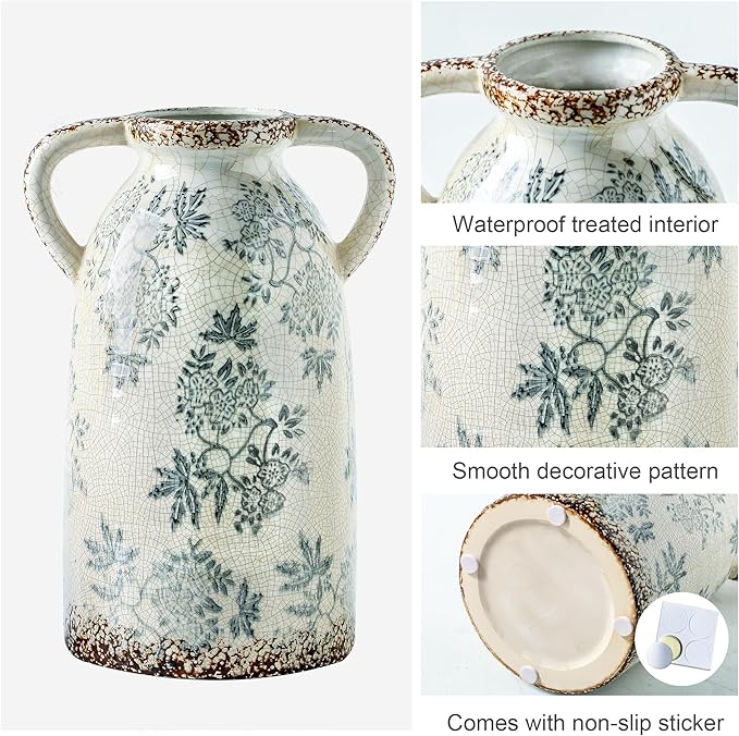 Enra Tall Vintage Blue and White Ceramic Vase with Handle, 11.2 Inch Chinoiserie Decorative Floral Vase, Large Rustic Ceramic Vase for Living Room, Office, Bookshelf, Home Decor-VerdiqueGarden