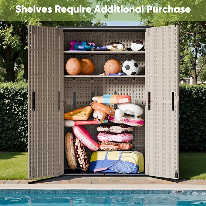 Devoko Outdoor Storage Cabinet 50 Cu Ft with Lockable Doors, Vertical Storage Shed Waterproof Patio Tools Storage Box for Sofa Cushions, Gardening Tools and Accessories (Beige)-VerdiqueGarden