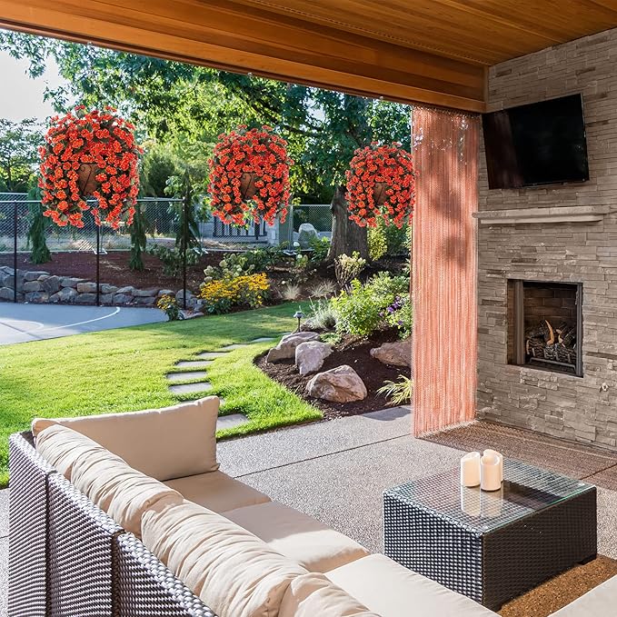 Hanging Baskets Artificial Flowers for Outdoor Interior Decor, Artificial Daisies Flowers Shrubs Plants with Baskets for Home Porch Garden Patio Patio Spring Summer Decor(Orange)-VerdiqueGarden