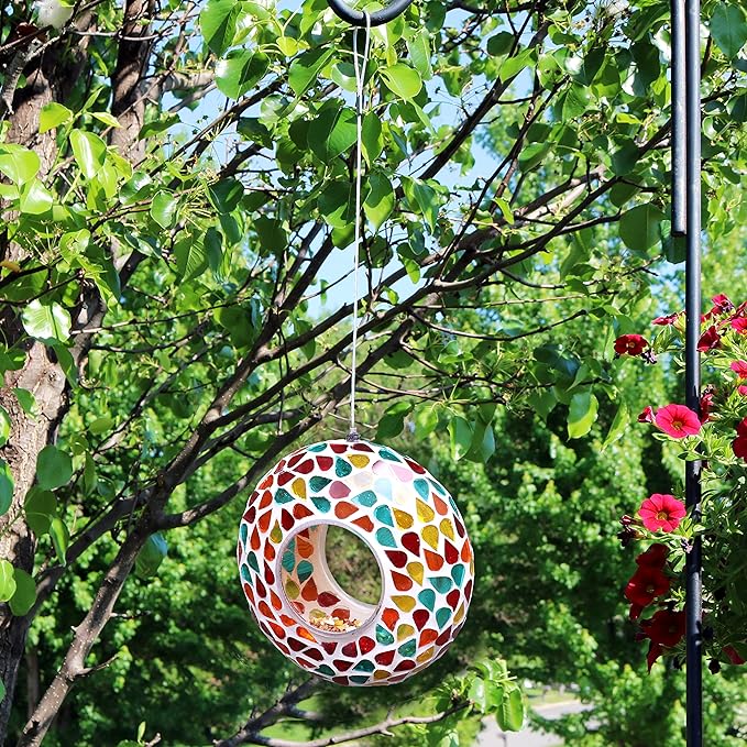 Sunnydaze 6-Inch Glass Mosaic Hanging Bird Feeder for Outdoors - Fly-Through Wild Bird Feeder - Confetti Mosaic-VerdiqueGarden
