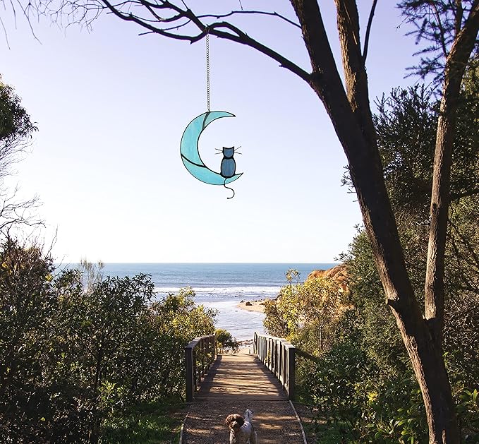 Black Cat On Bule Moon Stained Glass-VerdiqueGarden