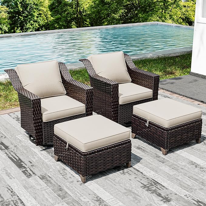 Joyside Wicker Patio Furniture Sets, 4 Pieces Upgraded Large Size Outdoor Furniture with Swivel Rocking Patio Chairs and Outdoor Ottoman, Thick Cushions, Wide Armrest-VerdiqueGarden