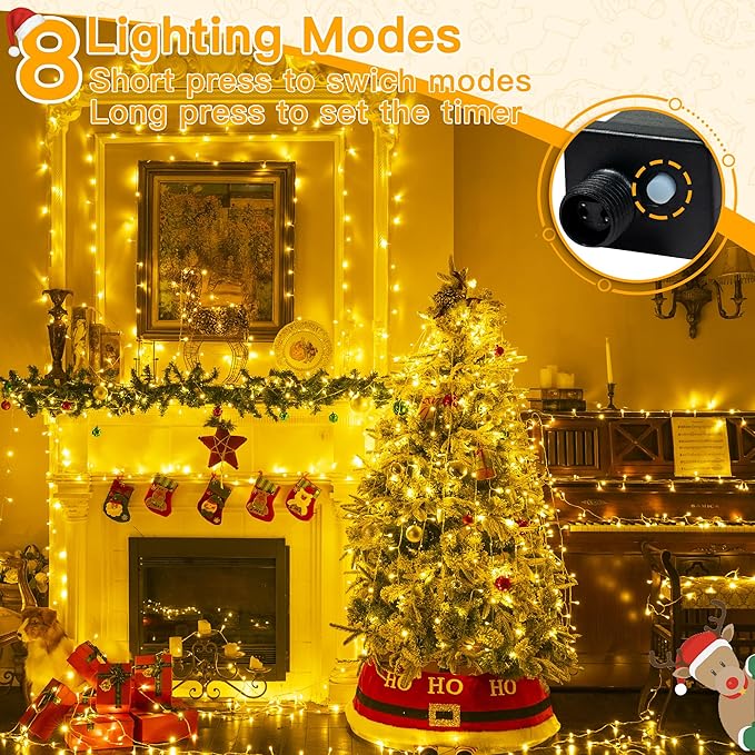 Ollny String Lights Indoor 200LED 60FT, Warm White Connectable Plug in LED Outdoor Light, 8 Modes Waterproof Timer Christmas Lights for Outside Bedroom House Party Wedding Camping-VerdiqueGarden