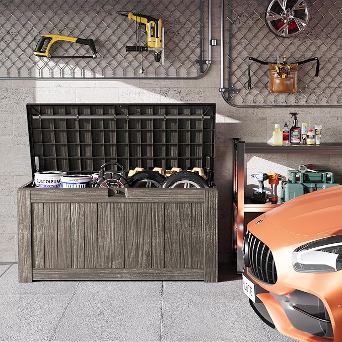 Greesum 120 Gallon Outdoor Storage Box with Lock - Large Resin Deck Box, Reinforced Lid for Garden, Patio, Lawn, Coffee-VerdiqueGarden