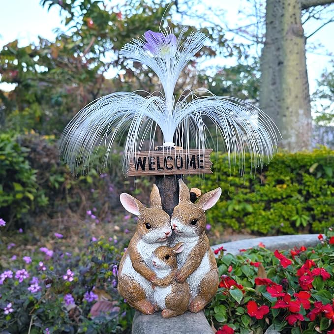 Solar Rabbit Garden Statues,Resin Rabbit Family Figurine with Welcome Card and 7-Color Changing Optical Fiber with Solar Lights, Lawn Decor Outdoor Statue for Patio,Balcony,Yard,Lawn-VerdiqueGarden