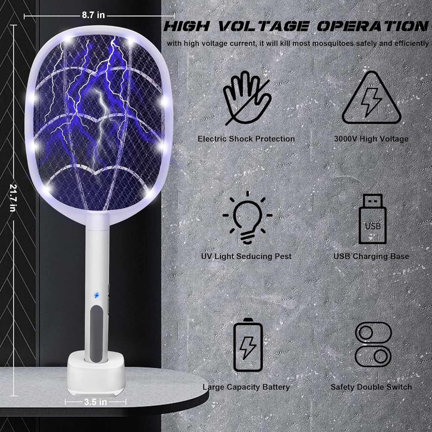 Electric Fly Swatter Rackets, 2-in-1 Handhold Bug Zapper with 3000V High Voltage, Plug-in Mosquito Killer Insect Light Trap with 3 Layer Safety Mesh Portable for Indoor Outdoor Use (2)-VerdiqueGarden