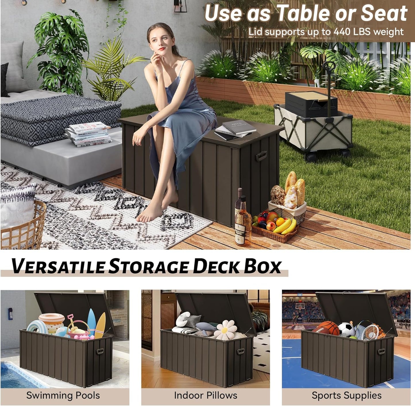 Metal Outdoor Storage Box,160 Gallon Waterproof Large Deck Box, Lockable Heavy Duty Home and Outside Storage Cabinet/Bin Container for Patio/Poolside/Backyard Cushions, Pillow -Brown-VerdiqueGarden