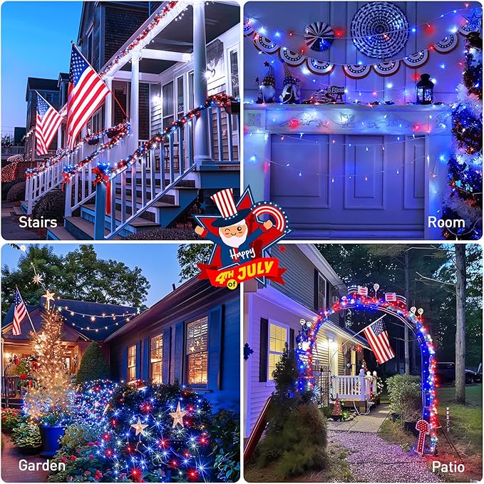 JMEXSUSS Red White & Blue Lights Clear Wire, 66 Ft 200 LED 4th of July Decorations String Lights Plug in, Christmas Lights for Independence Day Celebration Party Memorial Day Patriotic Holidays Decor-VerdiqueGarden