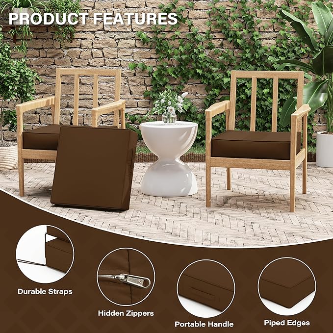 Patio Chair Cushions 19 X 19 X 4 Inch Waterproof Outdoor Seat Cushions for Patio Furniture, Outdoor Sofa Couch Pads with Ties & Handle, Set of 2, Chocolate-VerdiqueGarden