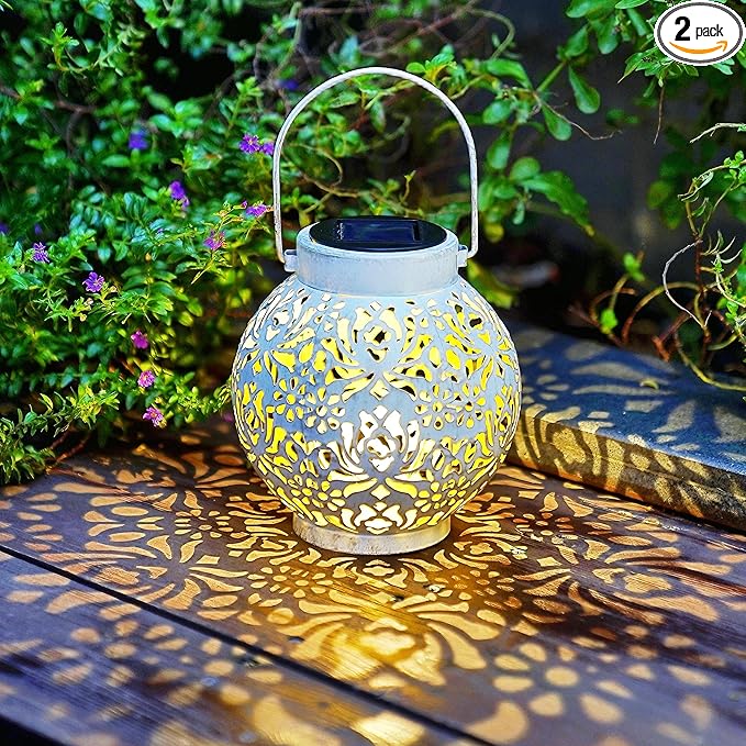 Set of 2 Outdoor Solar Hanging Lantern Lights Metal LED Decorative Lamp for Garden Patio Courtyard Lawn and Table with Hollowed-Out Design (White)-VerdiqueGarden