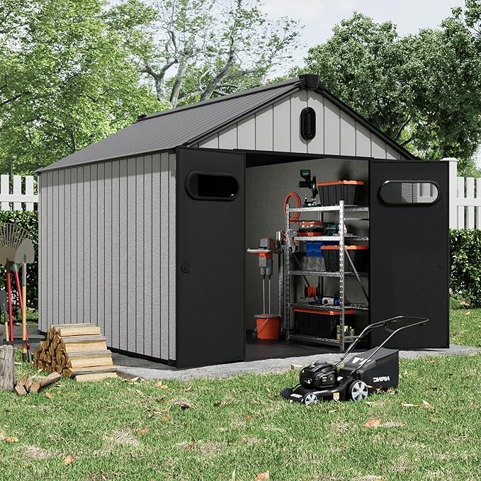 Aoxun 10X8FT Outdoor Shed with Floor, Resin Storage Shed with Lockable Door, Garden Utility Tool Shed Storage House for Backyard, Patio, Lawn-VerdiqueGarden