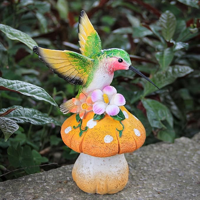Hummingbird Stand on Mushroom for Garden Decorations,Hummingbird Statue for Outdoor Backyard Yard Porch Patio Lawn Outside Indoor Home Shelf Decor Accents,Bird Sculpture Figurine-VerdiqueGarden