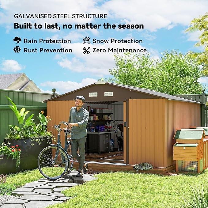 Outsunny 11' x 13' Outdoor Storage Shed, Garden Tool Metal Shed with Foundation Kit, Double Lockable Door, Air Vents and Sloping Roof, for Backyard, Patio, Lawn, Yellow-VerdiqueGarden