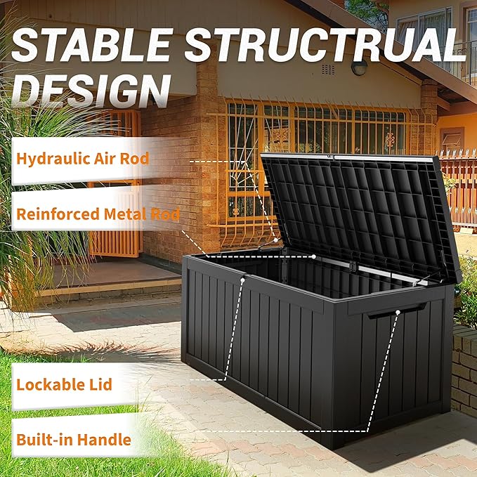 NUNU LAB 230 Gallon Large Resin Deck Box, Waterproof Outdoor Storage Box, Lockable Storage Bin for Patio Furniture, Garden Tools, Pool Accessories, UV-Resistant & All-Weather, Black-VerdiqueGarden