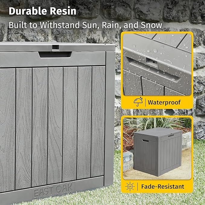 EAST OAK Outdoor Storage Box, 31 Gallon Deck Box Indoor and Outdoor Use, Waterproof Resin Storage Bin for Package Delivery, Patio Cushions, Gardening Tools, Lockable, UV Resistant, Grey-VerdiqueGarden