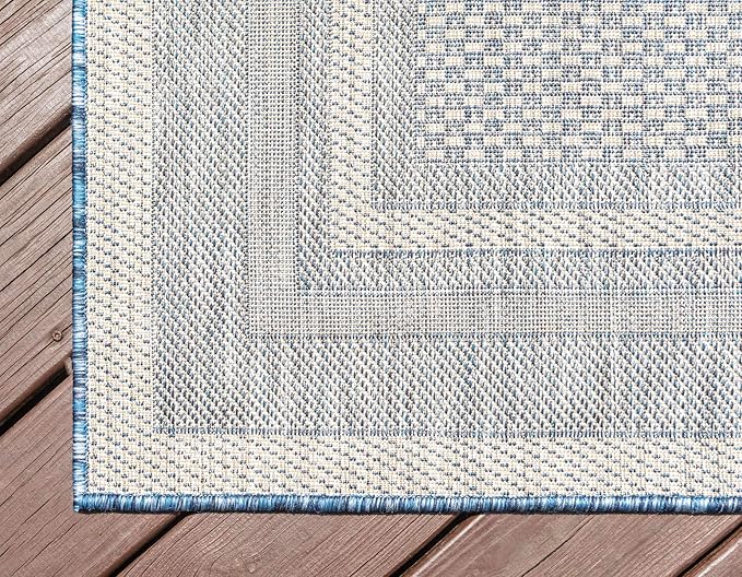 Unique Loom Outdoor Border Collection Area Rug - Soft Border (6' 1" x 9' Rectangle, Blue/ Ivory)-VerdiqueGarden