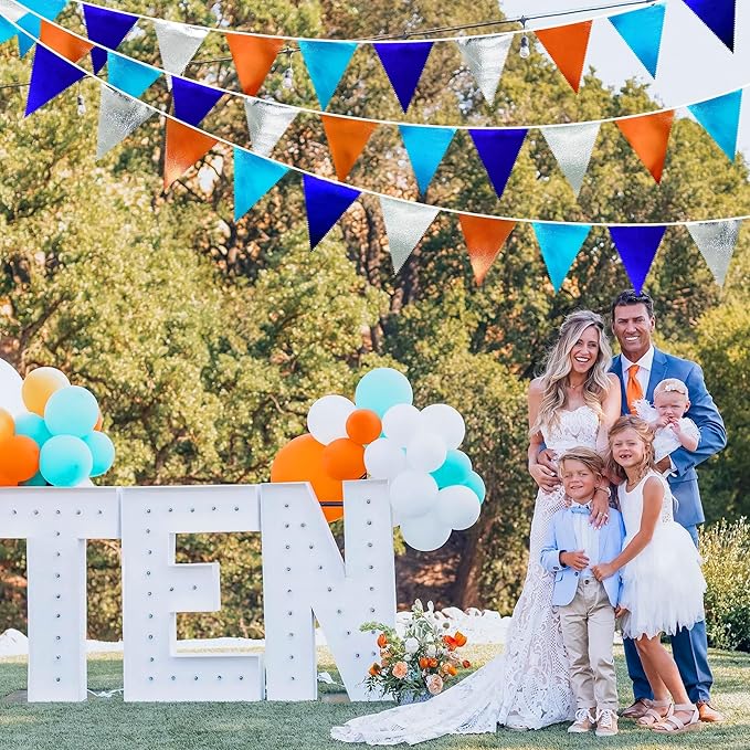 Orange Blue Silver Party Decorations Metallic Fabric Triangle Pennant Banner Flag Bunting Garland for Space Theme Birthday Wedding Bridal Shower Baby Shower Engagement Graduation Party Supplies-VerdiqueGarden