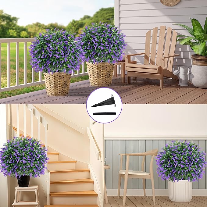 Artificial Boxwood Topiary Ball with Lavender, Set of 2 Artificial Shrub Bushes with Ground Spike, Fake Evergreen Tree for Porch, Artificial Plants for Outdoor Planters Indoor UV Resistant-VerdiqueGarden