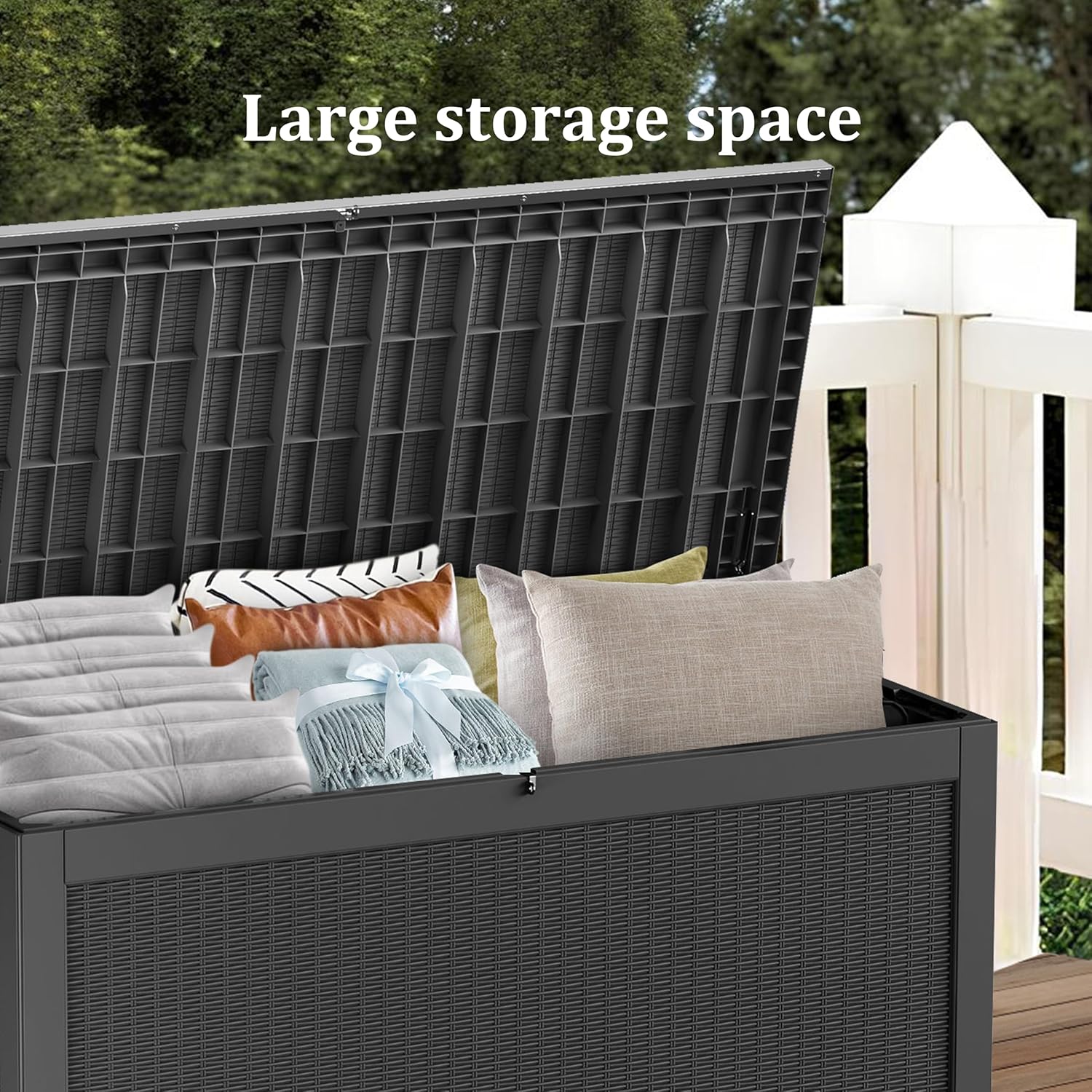 320 Gallon Waterproof Black Deck Box, Lockable Resin Storage Box for Patio Furniture Cushions Garden Tools and Outdoor Delivery Storage-VerdiqueGarden