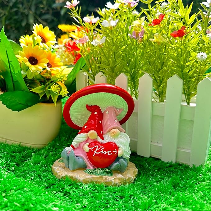 Garden Pink Tiny Gnome Couple Statue with Red Heart Mushroom Funny Outdoor Resin Figurines Home Decorations Valentine’s Day Housewarming Ornament Gift-VerdiqueGarden